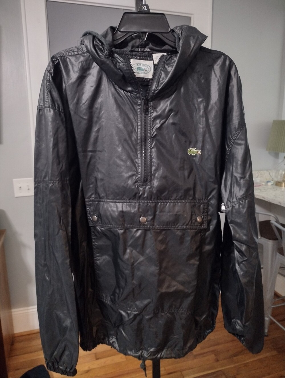 Vintage Lacoste Izod Black Hooded Windbreaker Pullover Jacket